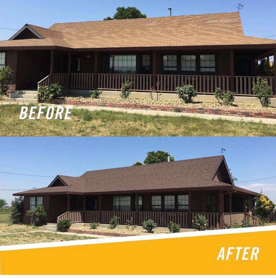Before and after — full roof replacement on a Central Valley ranch home by DeHart Roofing